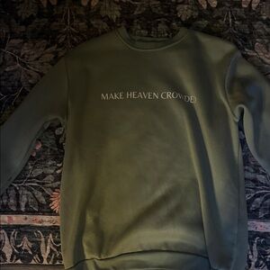 Women’s Olive Green Crewneck Sweater with 'MAKE HEAVEN CROWDED' Text